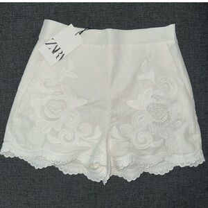 Zara Women's Cream Embroidered High Waist Shorts